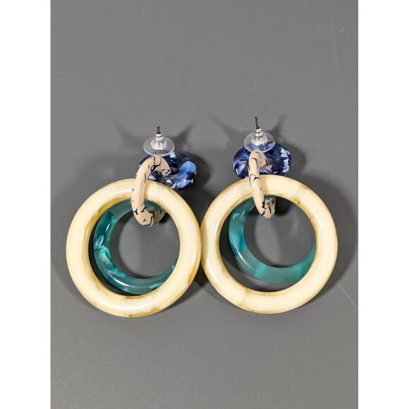 Lele Sadoughi Double Ring Drop Earrings Blue Green Oversized MINT - Picture 2 of 7